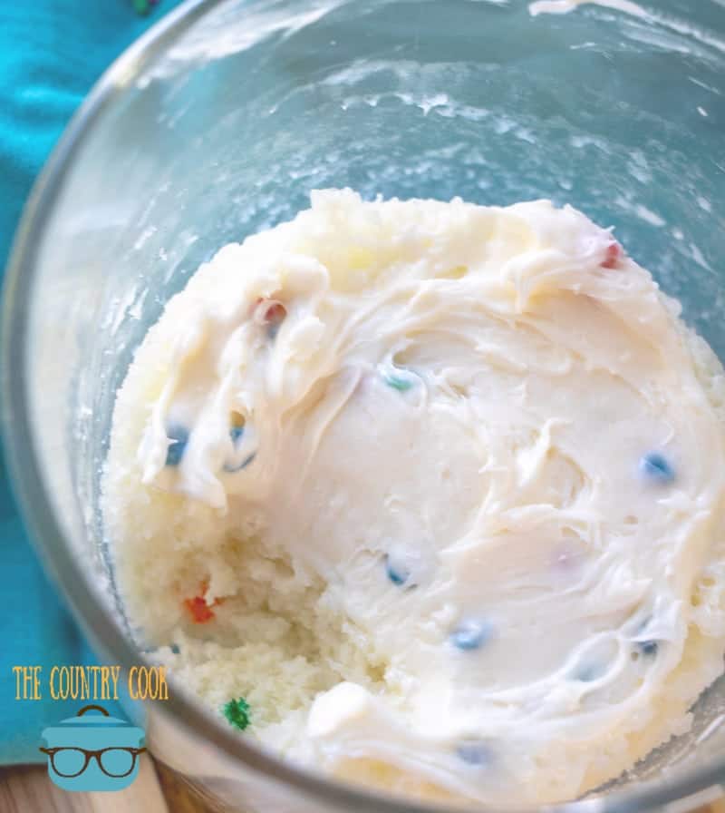Funfetti Microwave Mug Cake with Rainbow Chip Frosting. Only 3 ingredients