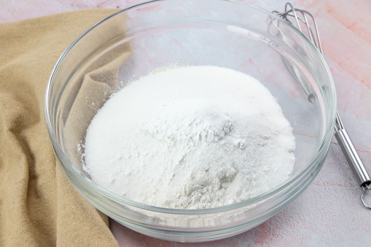 baking powder, sugar, salt and all purpose flour in a bowl.