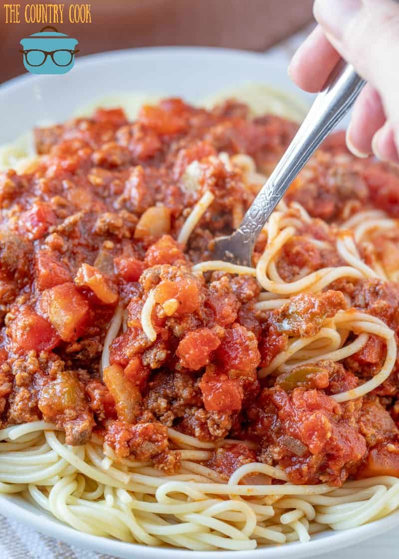 Homemade Spaghetti Sauce on spaghetti noodles being twirled on a fork.
