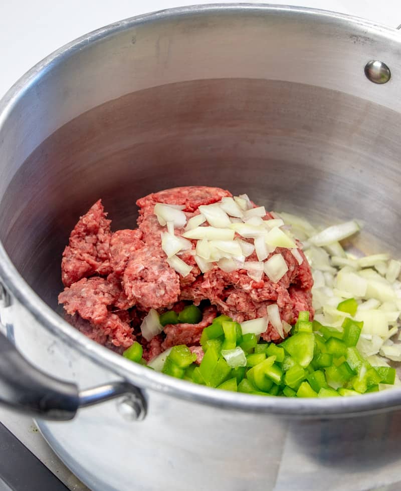 ground beef, onion and green pepper in a large pot.