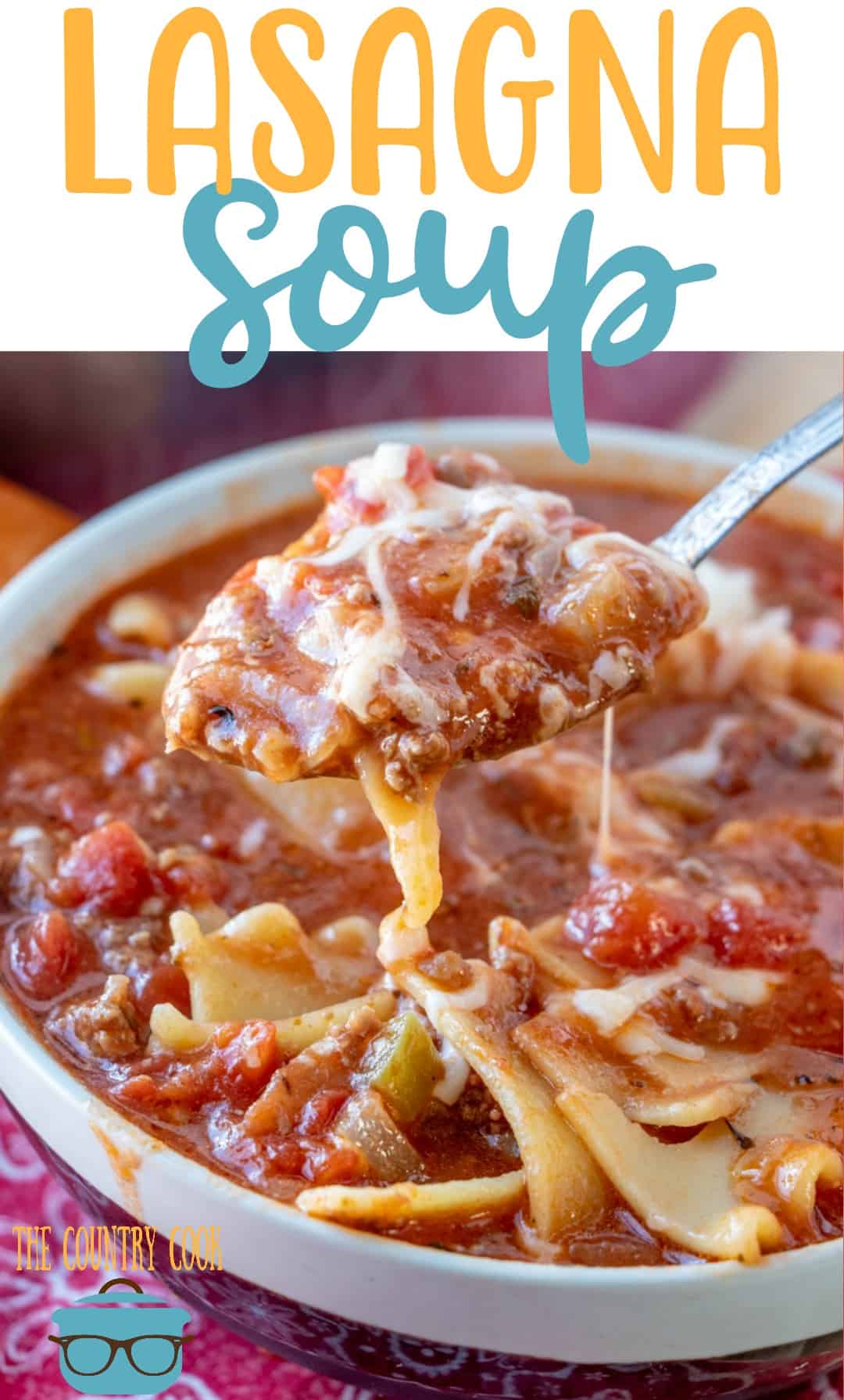 a spoon scooping up some lasagna soup from a white bowl.