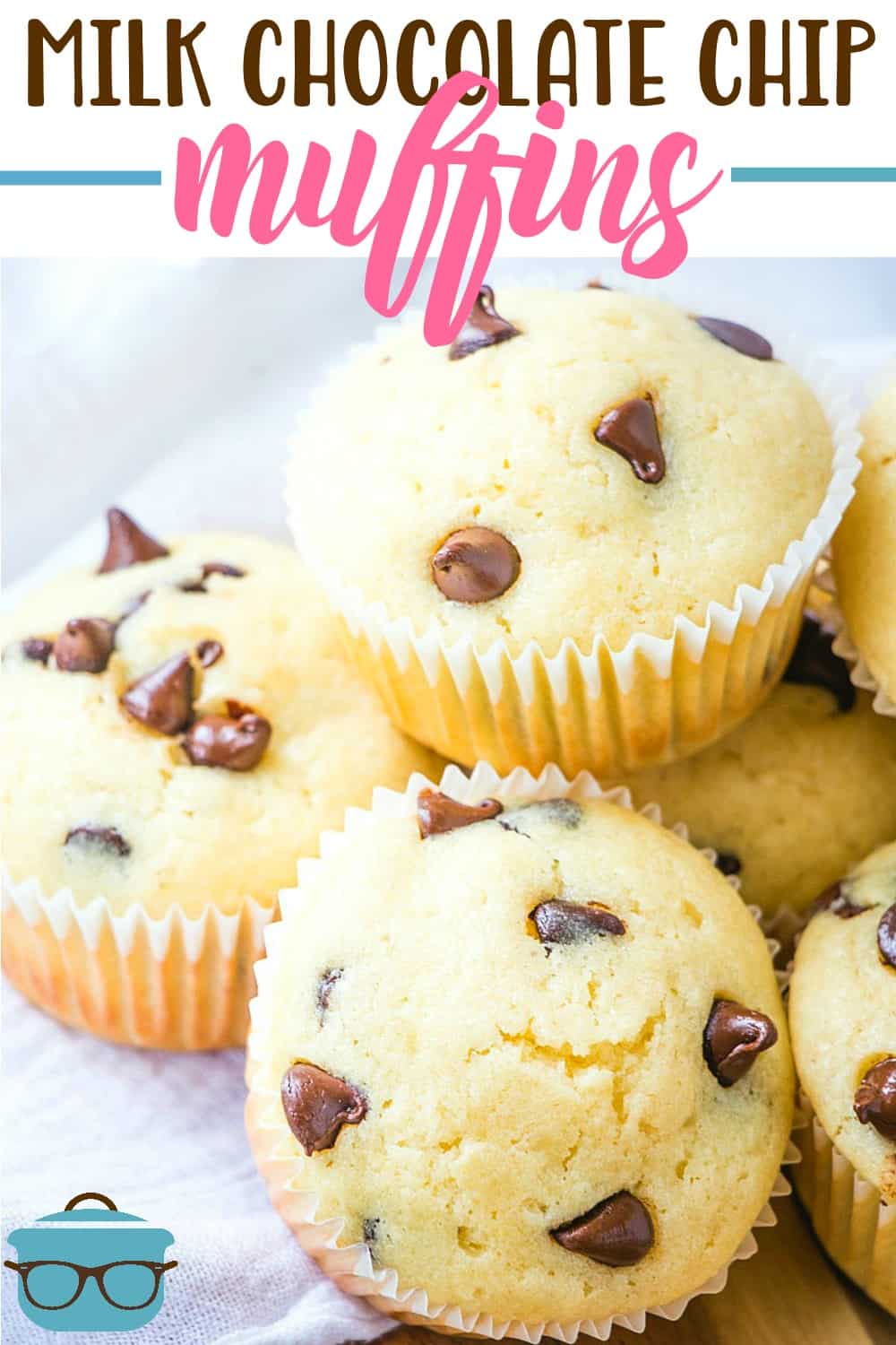The Yummiest Homemade Milk Chocolate Chip Muffins recipe from The Country Cook. Muffins showed stacked on a plate.