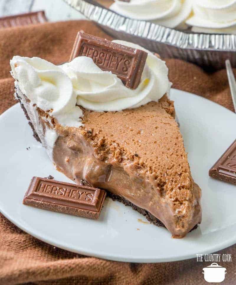 Hershey Chocolate Pie, slice on a round white plate.