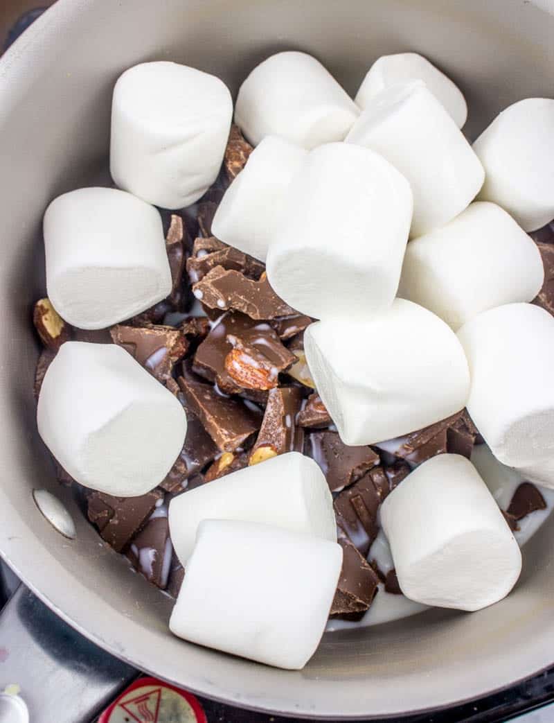 saucepan with marshmallows and milk.