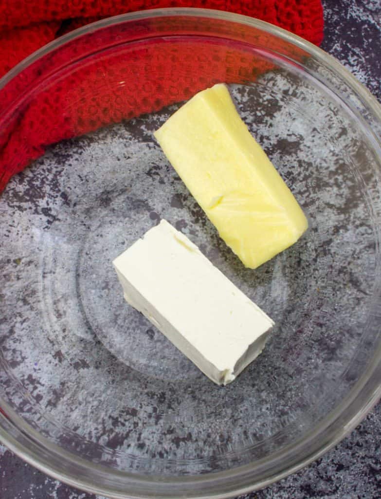 softened cream cheese and butter in a mixing bowl