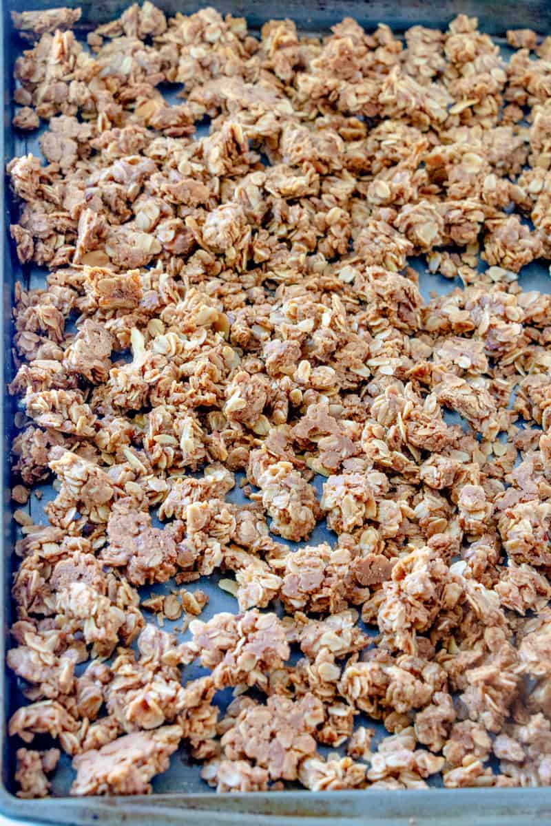 fully baked granola on a cookie sheet