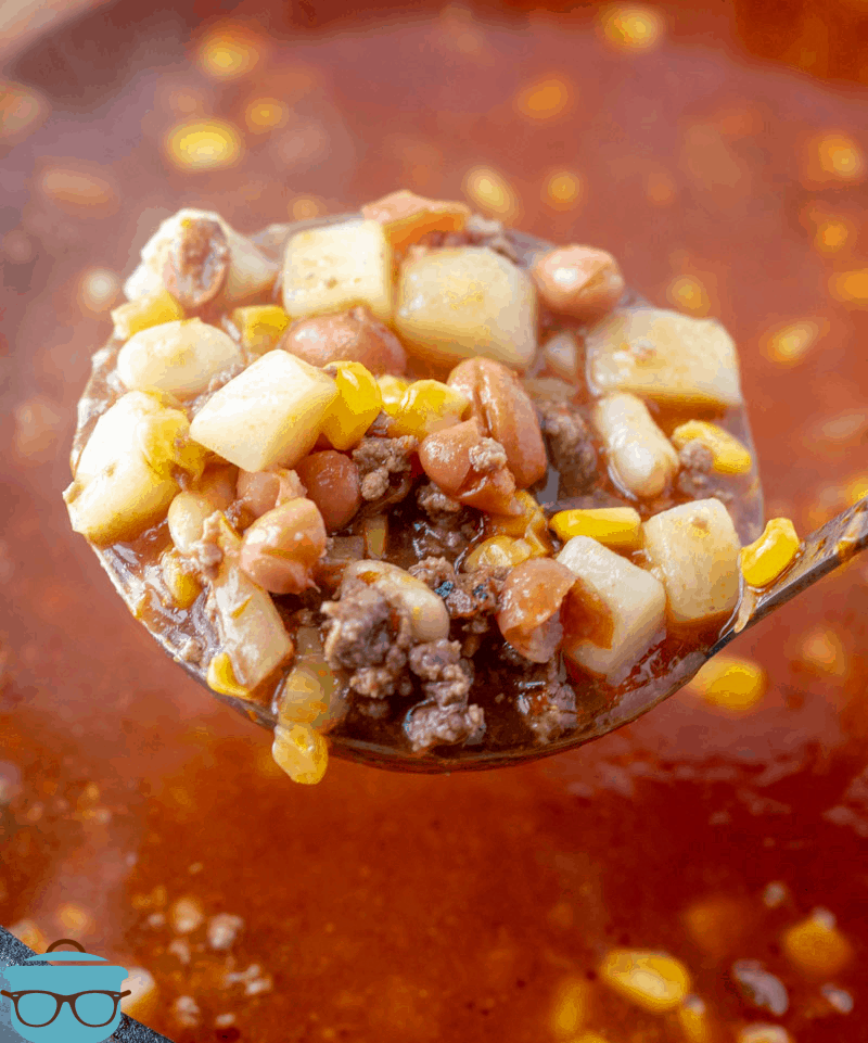 Brunswick Stew shown in a large stock pot with a ladle holding a serving of the stew