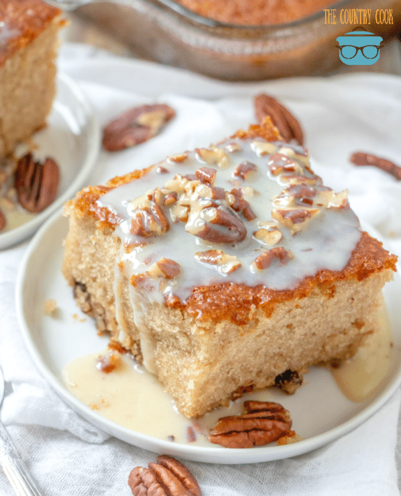 Southern Pecan Praline Cake made with a boxed cake mix and butter sauce.