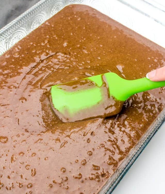 Chocolate Cake Mix batter in a 9x13 baking dish.