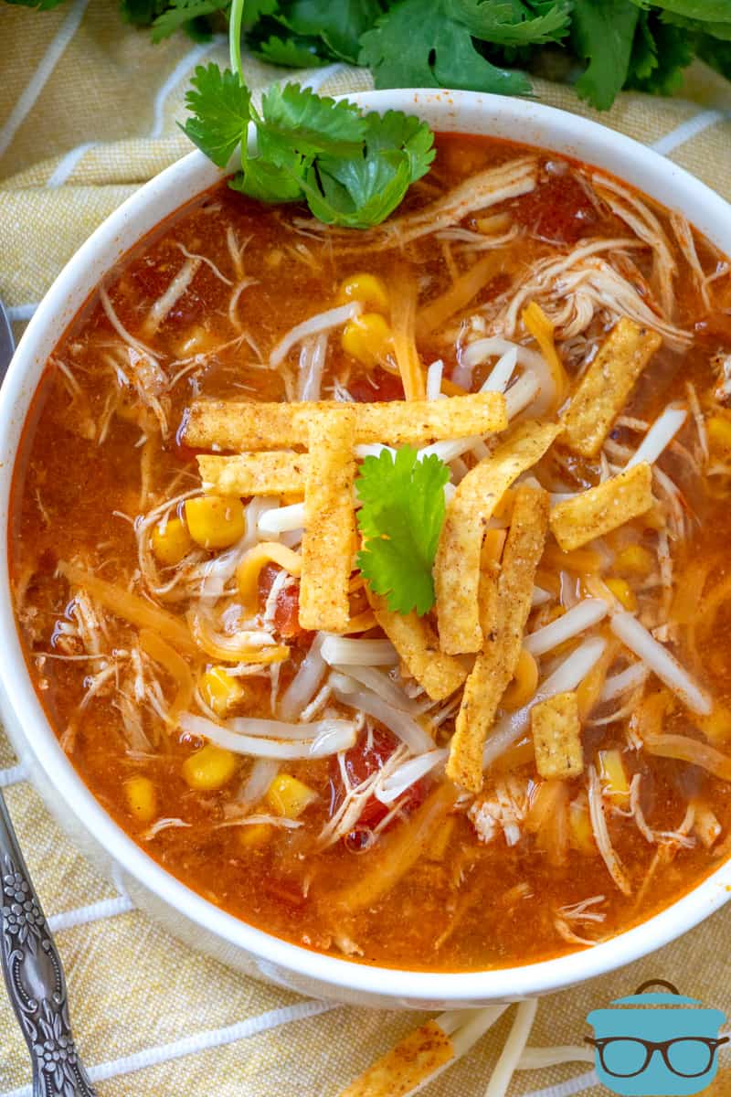 Crock Pot Chicken Tortilla Soup recipe, shown in a small white bowl with an overhead shot of the bowl 