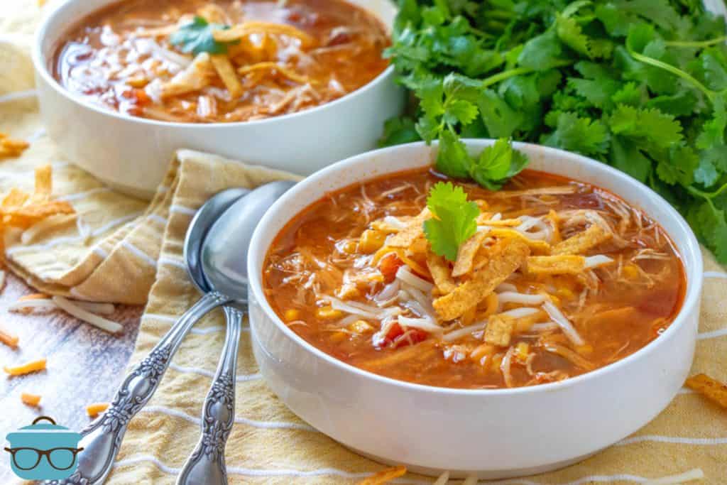 Crock Pot Chicken Tortilla Soup, shown in two bowls with spoons on the side and fresh parsley in the background