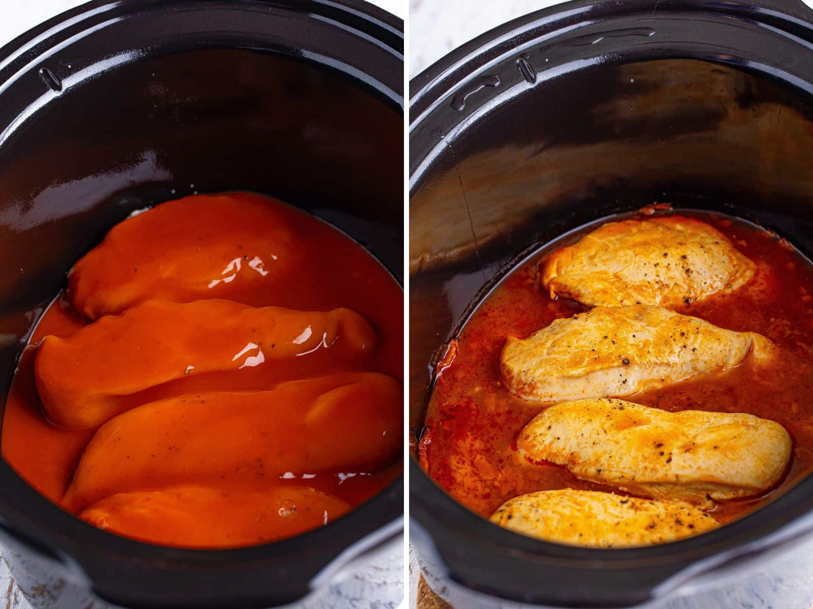 A crock pot with raw chicken covered in Buffalo Sauce and a crock pot with cooked chicken and buffalo sauce. 