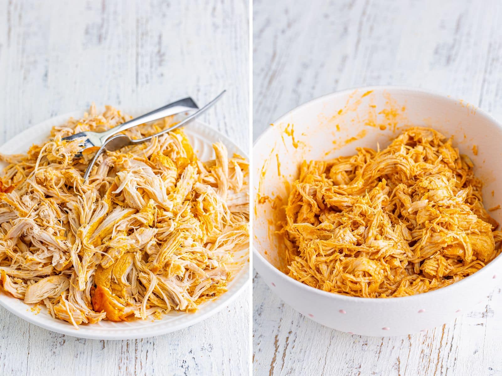 A plate of Buffalo shredded chicken and a bowl of shredded Buffalo Chicken with the cooking liquid.