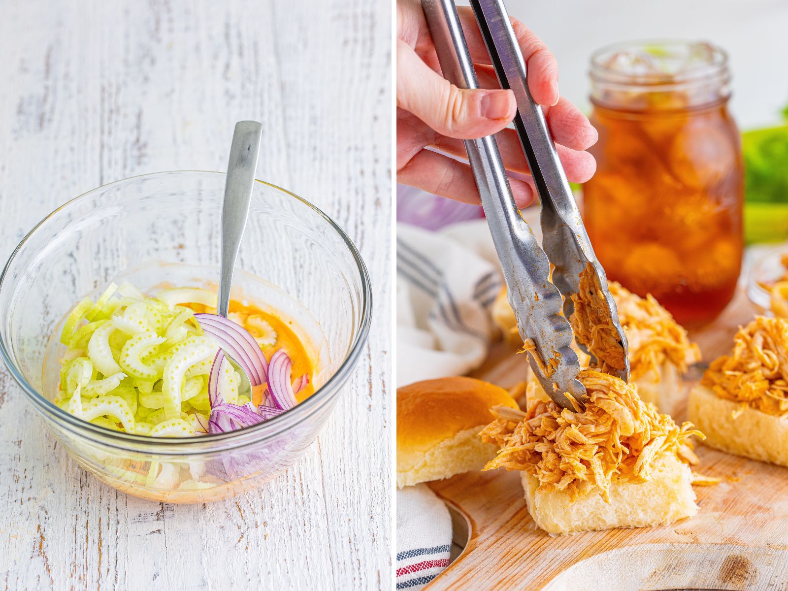 Celery slaw in a bowl and a hand using tongs to put shredded chicken on slider rolls. 