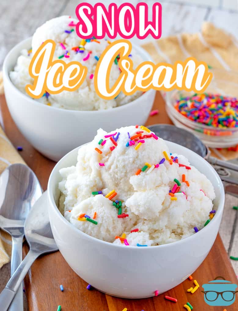 Snow Ice Cream recipe from The Country Cook, snow cream shown in two small white bowls and topped with colorful sprinkles with spoons set to the side