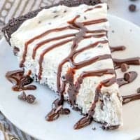 slice, No Bake Chocolate Chip Cheesecake, slice with drizzled chocolate syrup