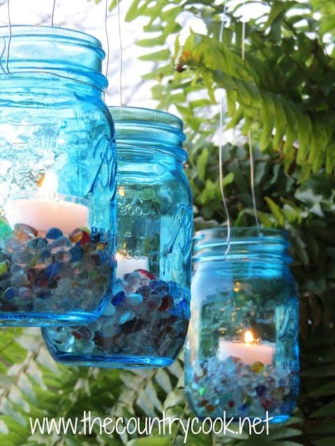 finished, hanging blue mason jar lanterns