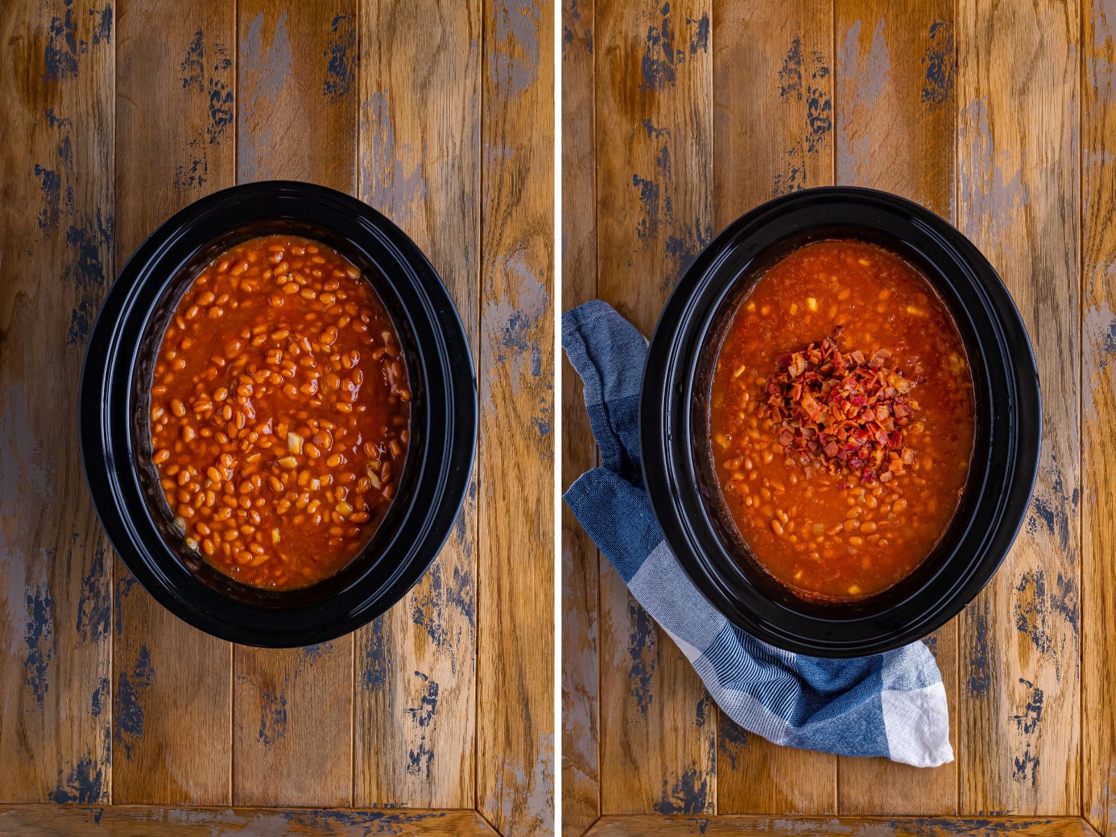 Cooked baked beans in a slow cooker and bacon being added to baked beans in a slow cooker.