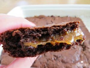 a hand holding up one of the baked brownies.