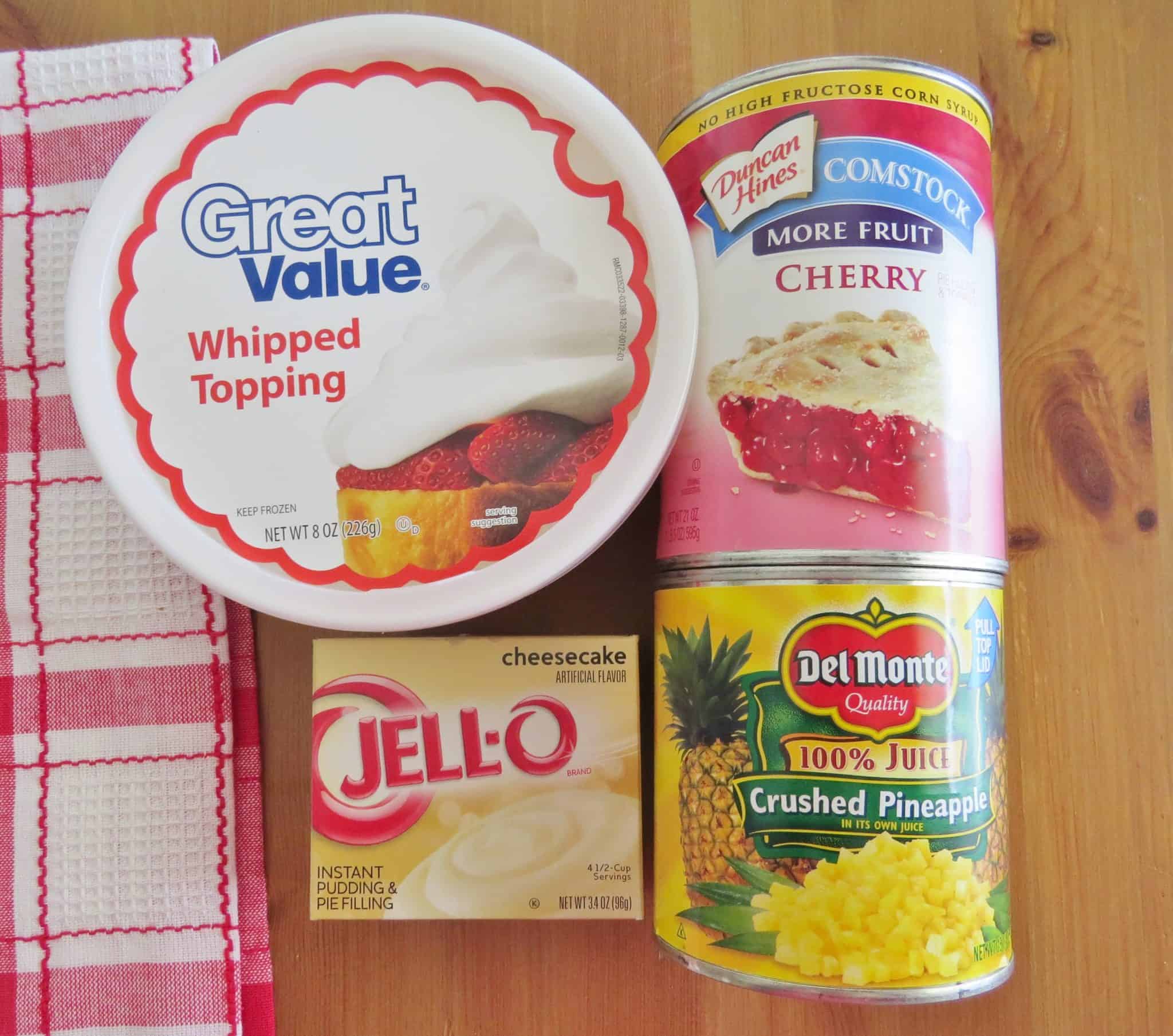 COOL WHIP, cheesecake jello, cherry pie filling, crushed pineapple in juice.
