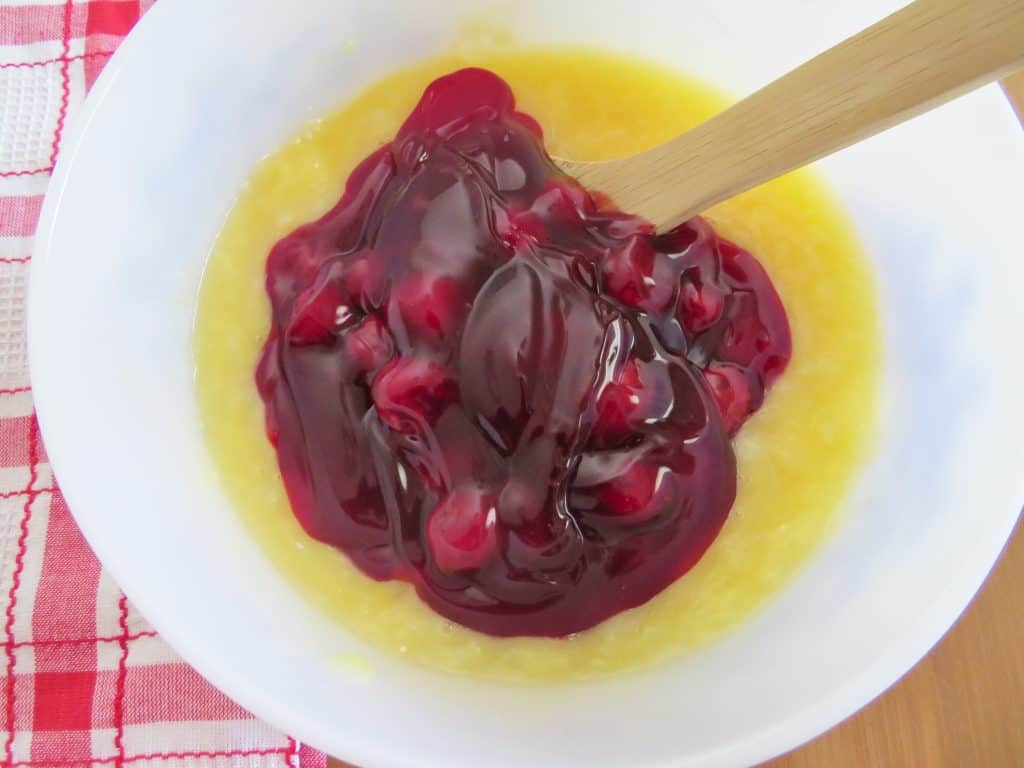 cherry pie filling combined with crushed pineapple and pudding