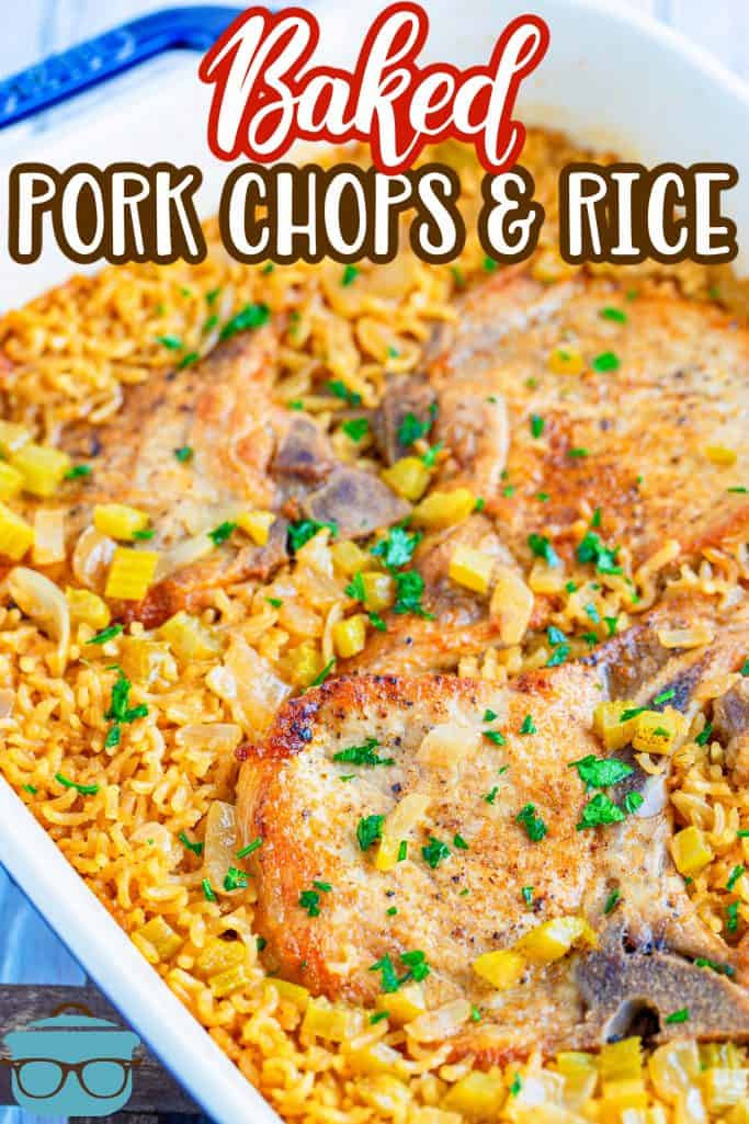 Baked Pork Chops and Rice shown in a square baking dish and topped with chopped parsley