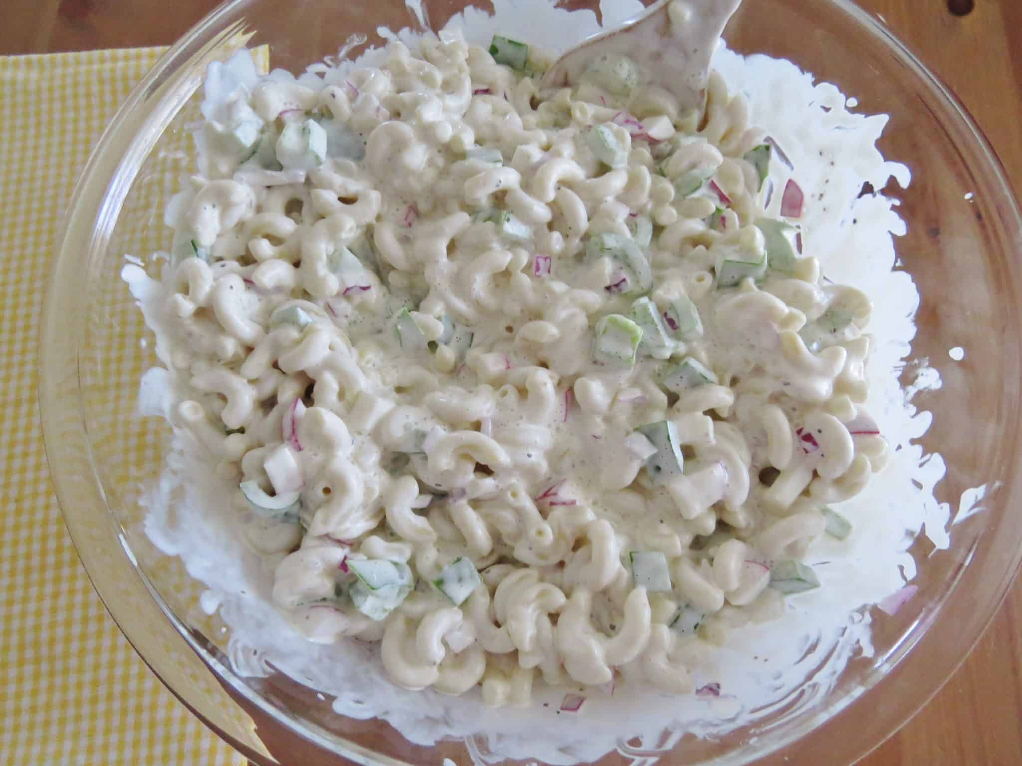 creamy macaroni salad in a bowl.