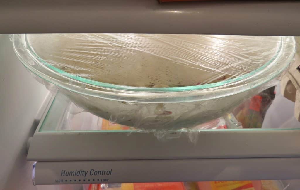 plastic wrapped covered bowl in refrigerator.