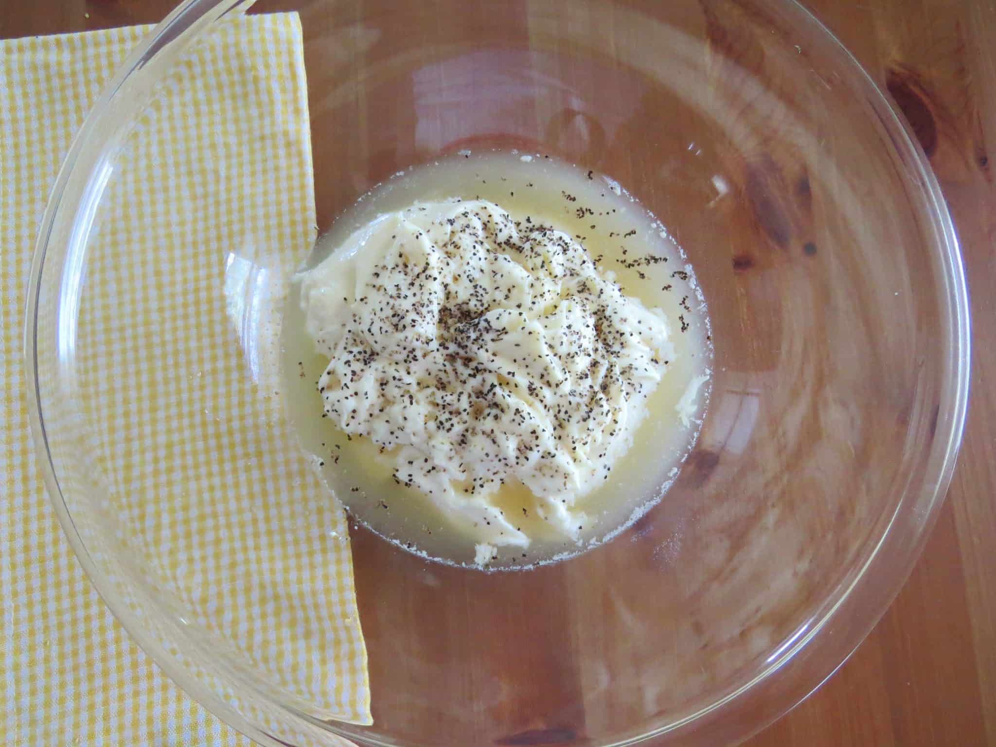 mayonnaise, chicken stock, salt and pepper in a large bowl.