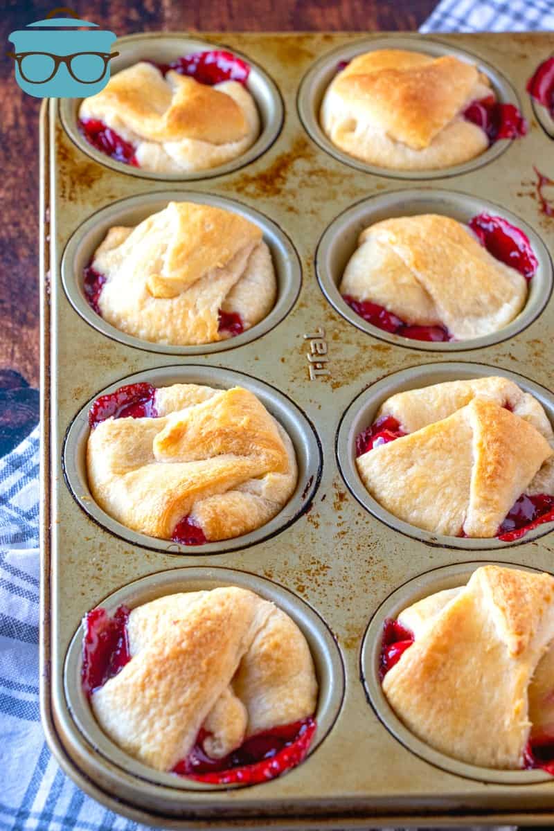 fully baked cherry pie bites still in the muffin tin.