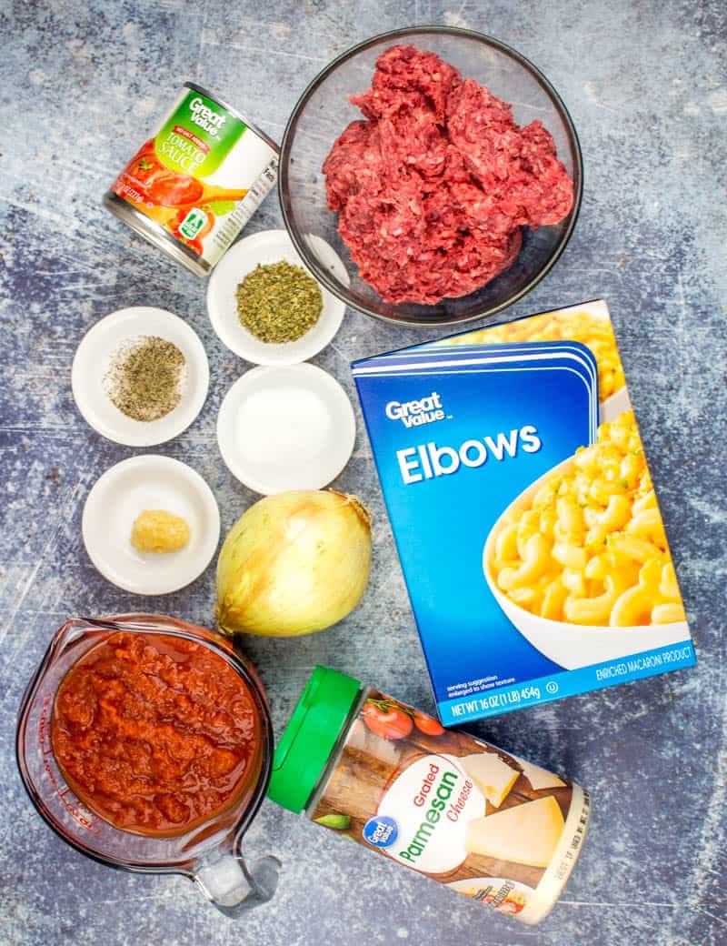 ground beef, elbow macaroni, tomato sauce, crushed tomatoes, seasonings, garlic and onion. 