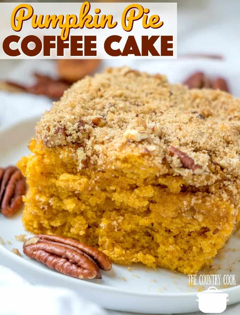 Pumpkin Pie Coffee Cake recipe from The Country Cook slice shown on a small round white plate with pecans laid on the sides.