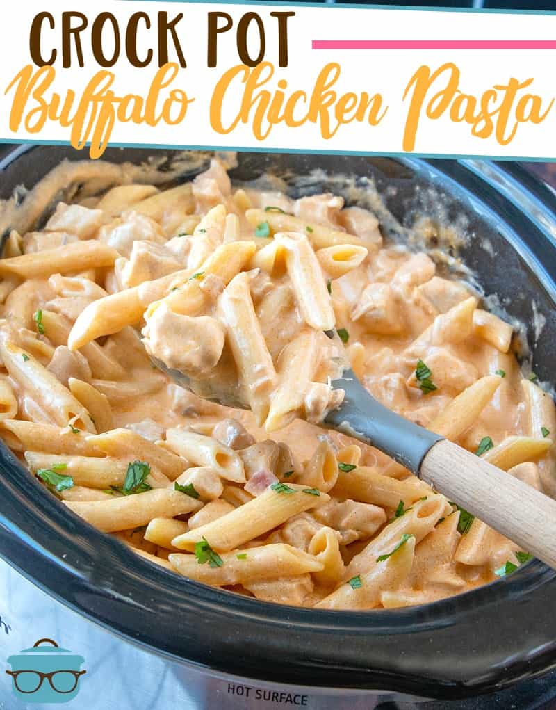 Crock Pot Buffalo Chicken Pasta recipe from The Country Cook (pictured: finished pasta in an oval slow cooker).