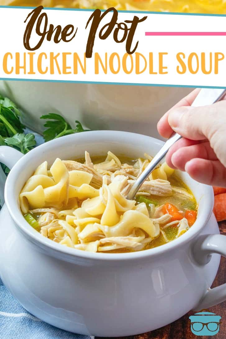 Main Image, One Pot Chicken Noodle Soup recipe, pictured in a small white bowl with a spoon