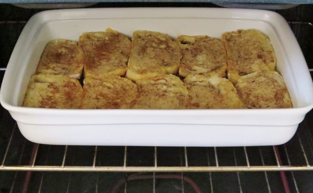 French toast casserole shown in the oven.