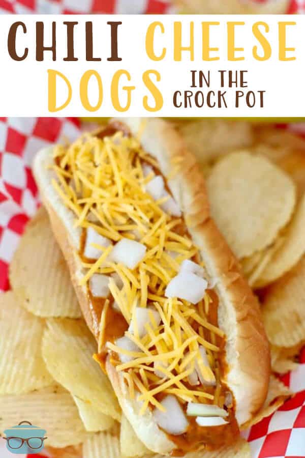 chili cheese dog shown with some chips in a basket.