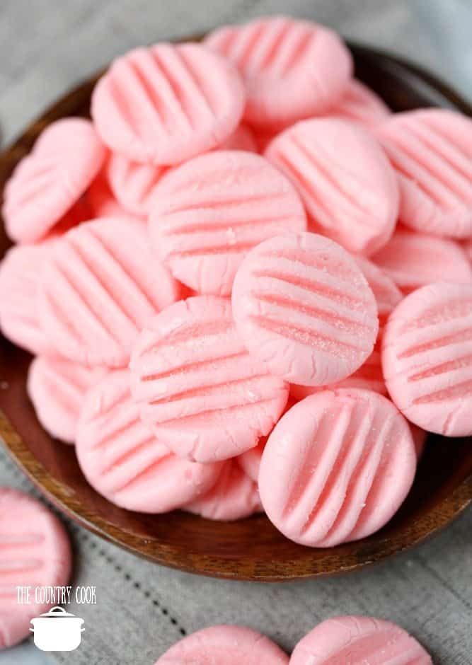 Pink Cream Cheese After Dinner Mints in a bowl