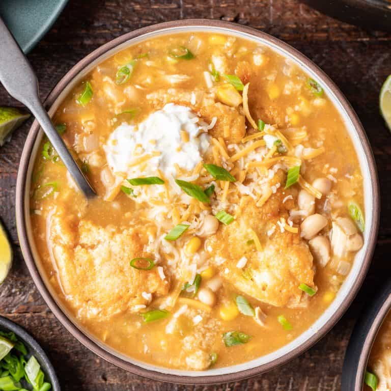 White Chicken Chili with Cornbread Dumplings - The Country Cook