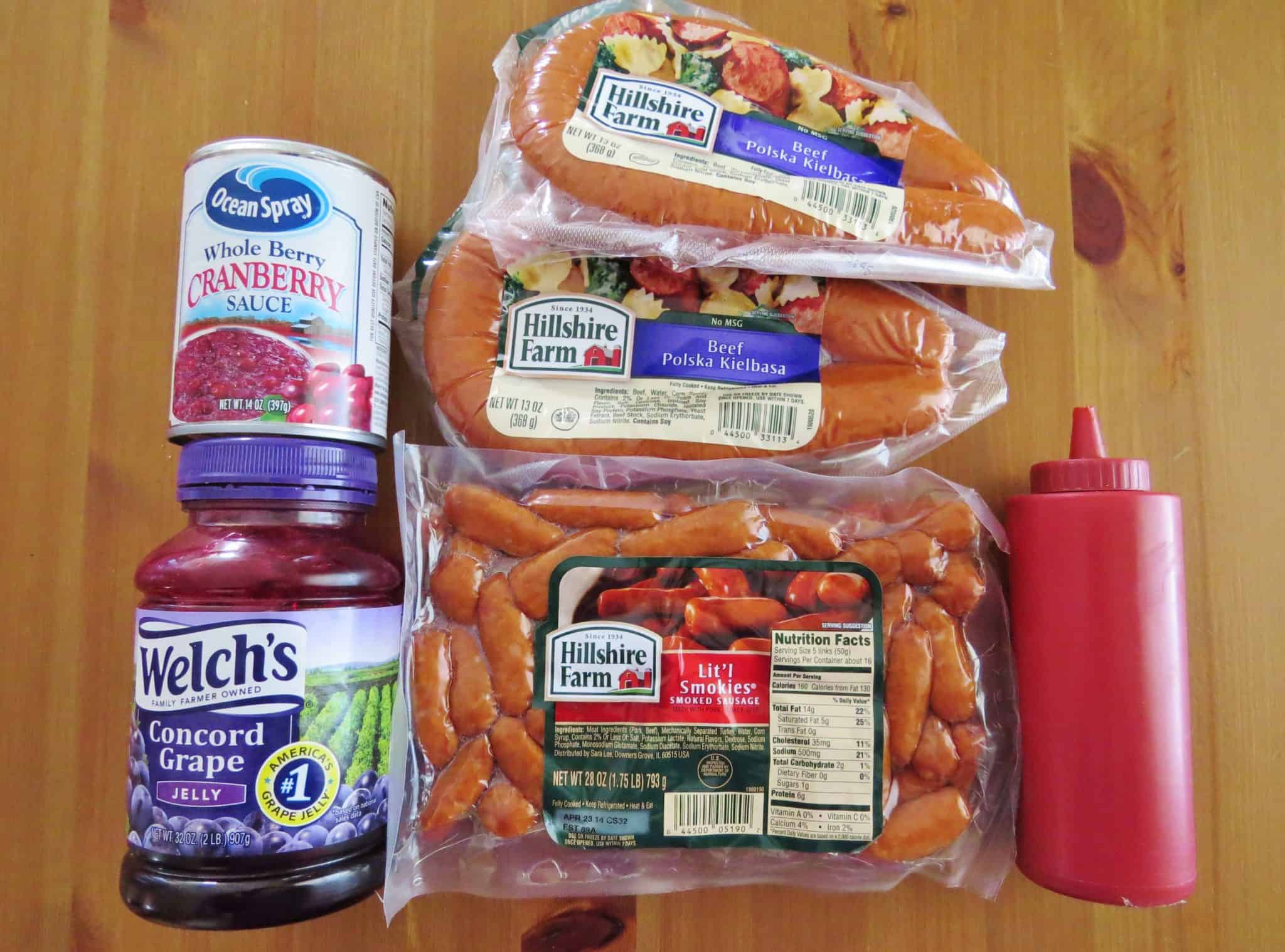 ingredients needed: Kielbasa, mini smoked sausages, ketchup, grape jelly, whole berry cranberry sauce.