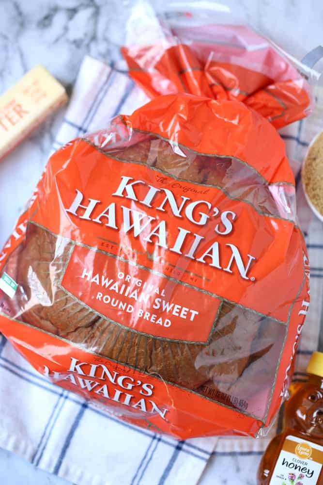 King's Hawaiian Round Sweet Bread, salted butter,brown sugar, honey, powdered sugar, milk, ground cinnamon