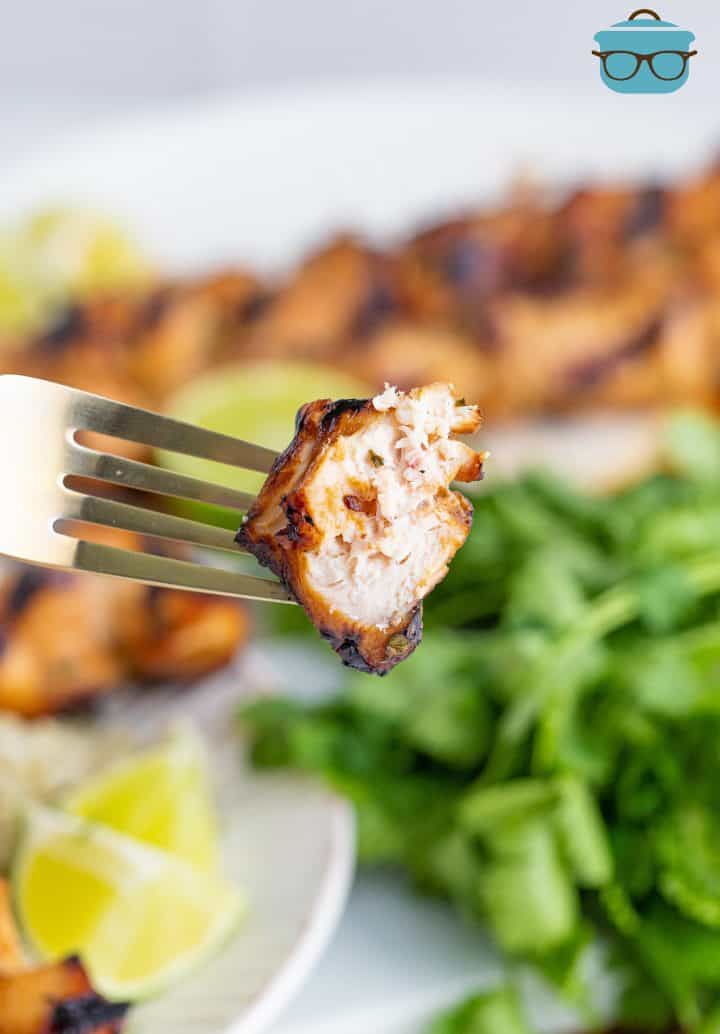 a piece of grilled chicken shown on a fork.
