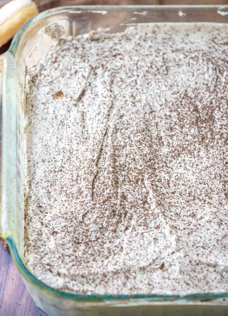 Tiramisu topped with powdered cocoa