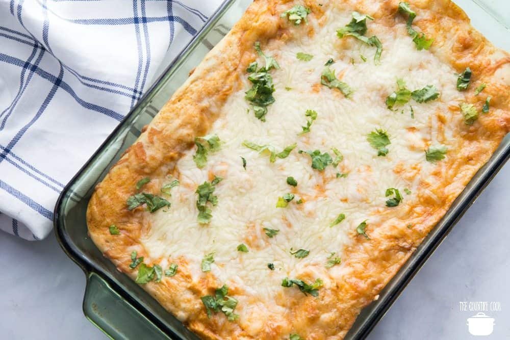 Bisquick Chicken Enchilada Bake recipe in a casserole dish with melted cheese.