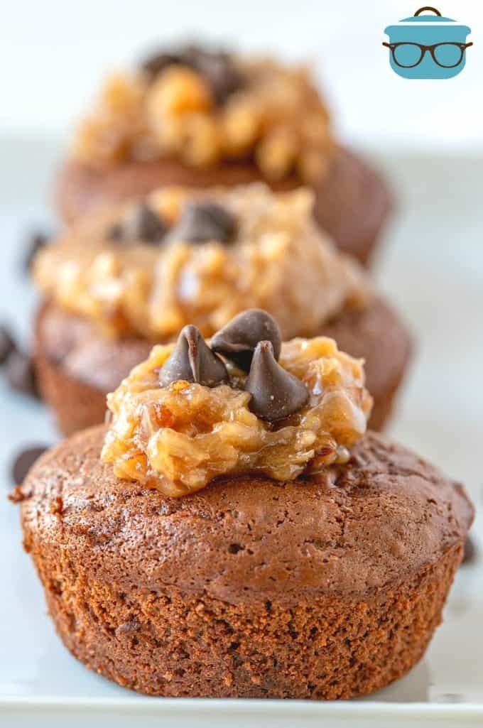 German Chocolate Chip Muffins on a white tray