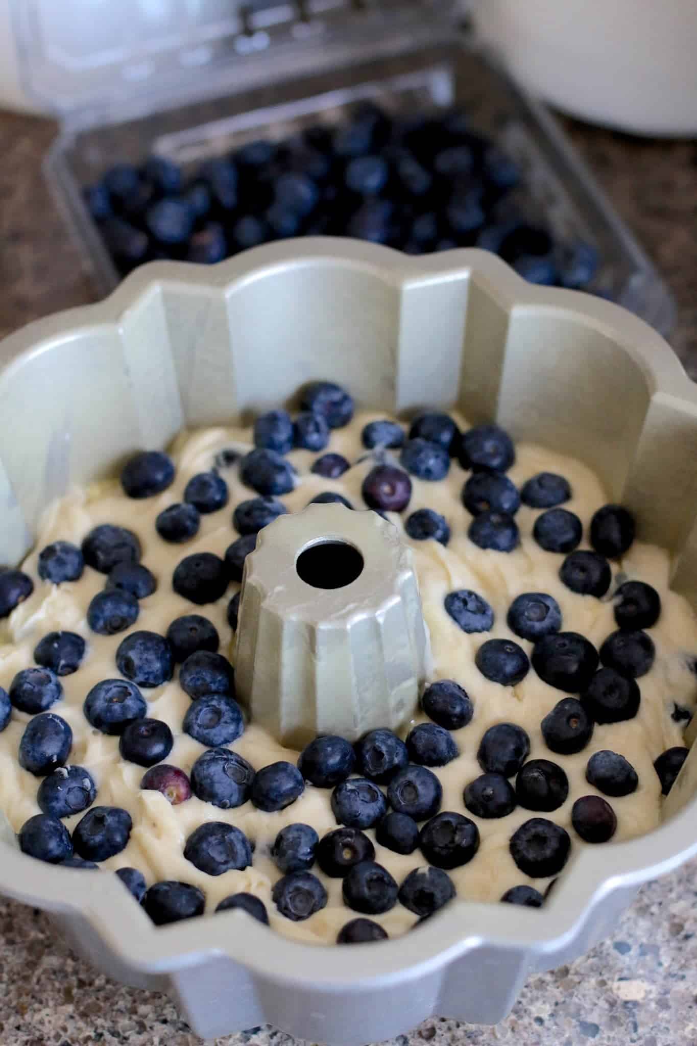 fresh blueberries topped onto homemade cake batter in a Nordicware bundt pan.