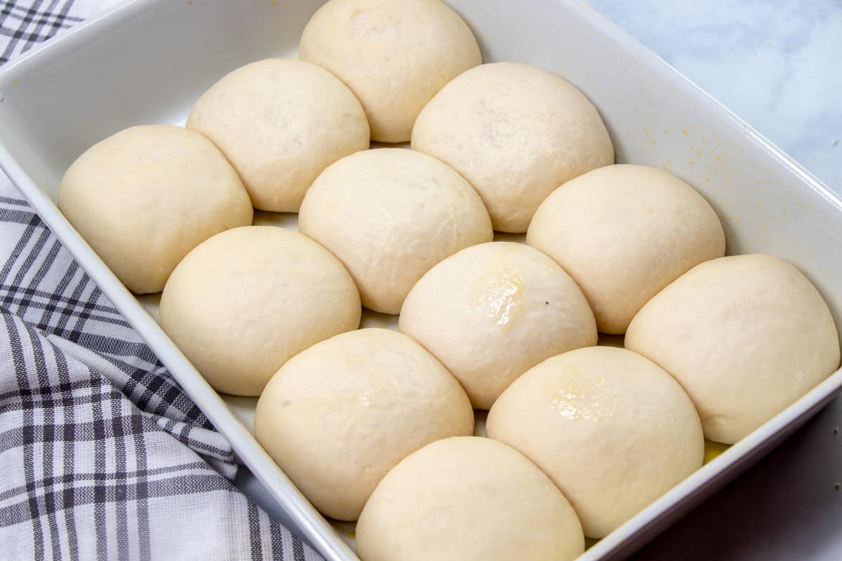 risen yeast rolls in a white baking dish.