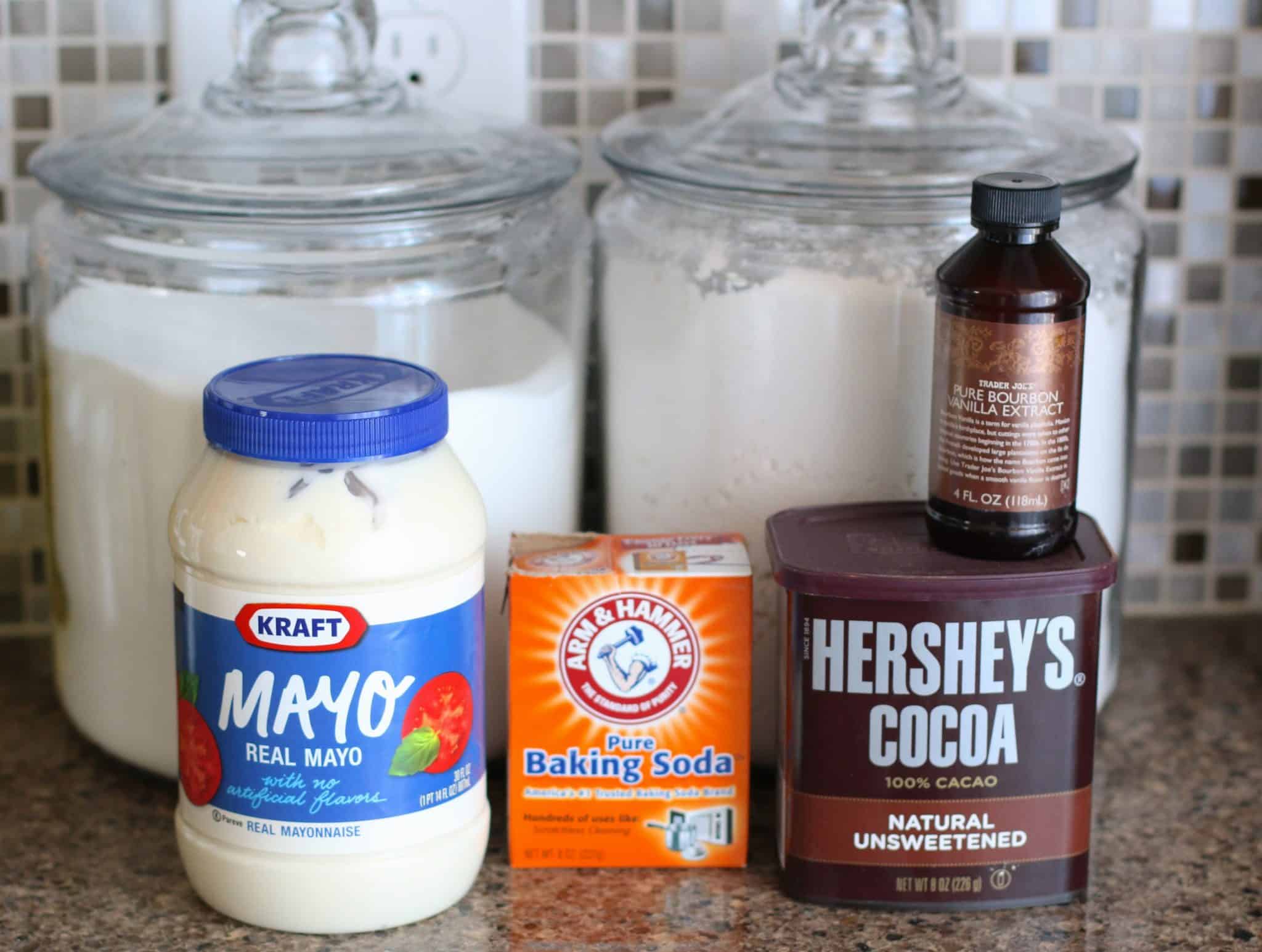 all-purpose flour, sugar, unsweetened baking cocoa, baking soda, mayonnaise, vanilla extract