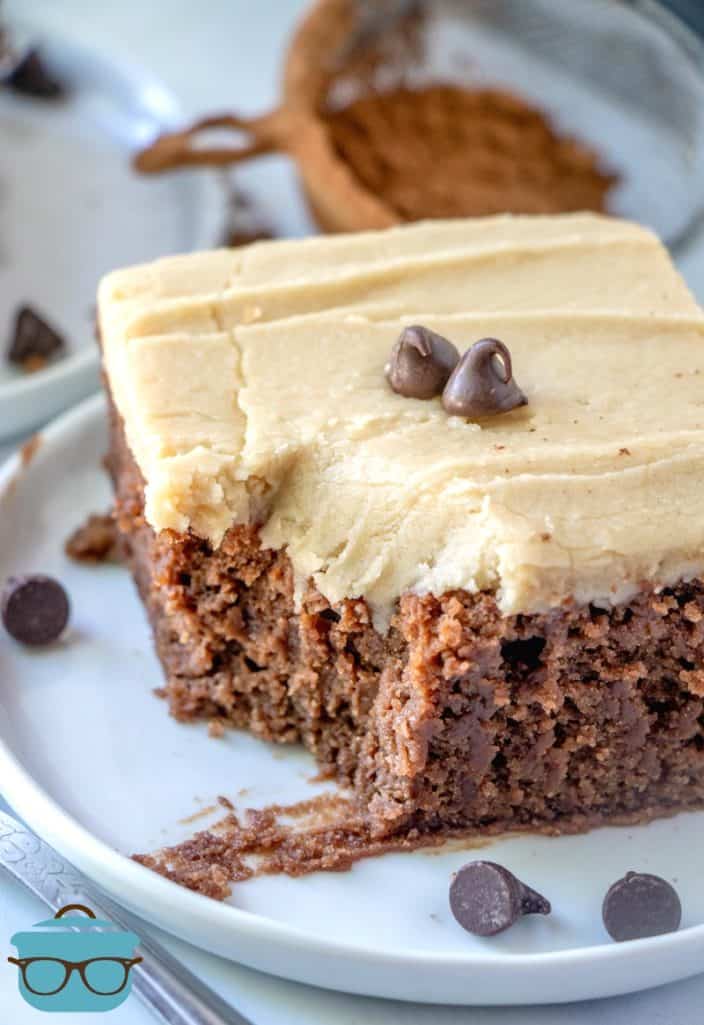 Chocolate Mayonnaise Cake slice on a plate, topped with chocolate chips