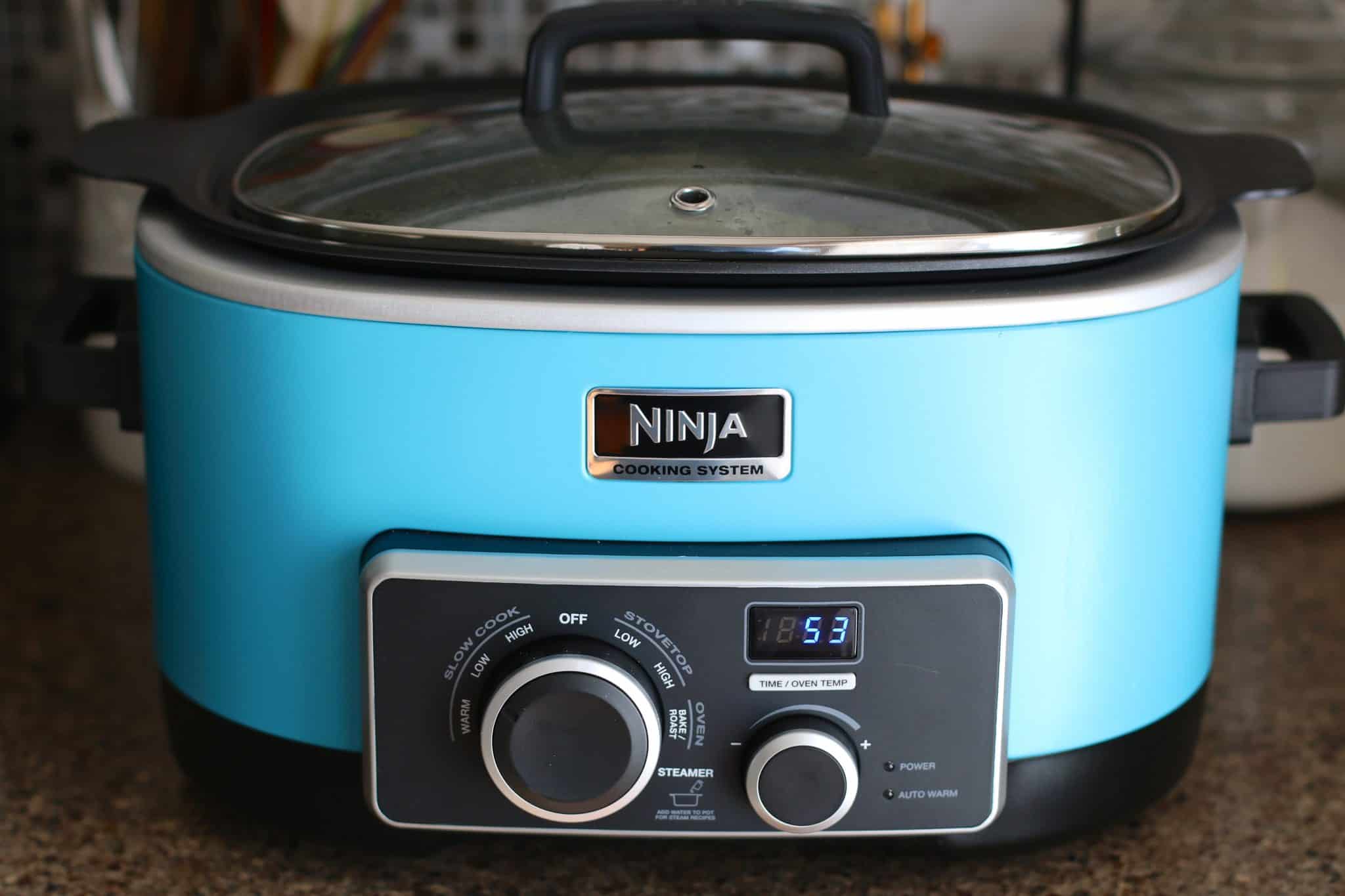 photo of a blue, oval Ninja slow cooker on a counter.
