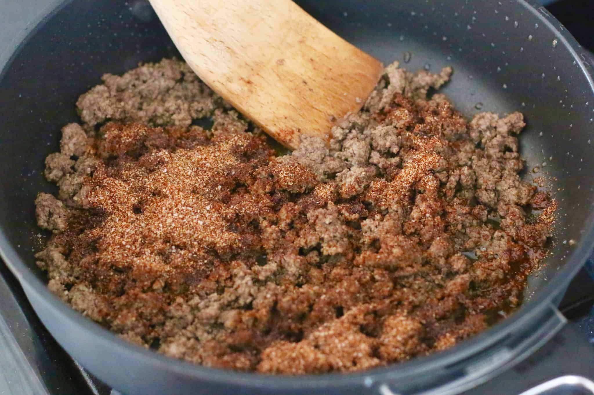 ground beef and taco seasoning in a skillet. 